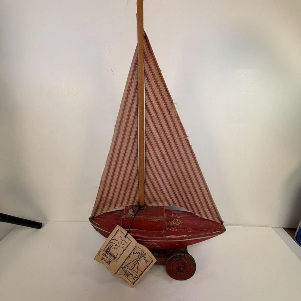 The Backtime Co. American Folk Art Handmade Wooden Sailboat Pond Boat Toy